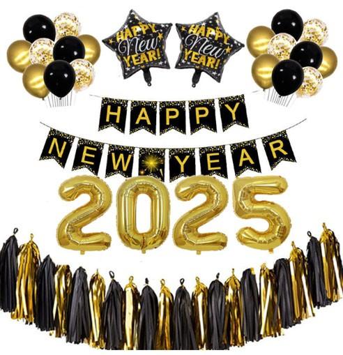 해피뉴이어 2025 풍선세트 별가랜드 펄풍선 꽃볼 CONGRATS 글자배너 은박풍선 수술 플래그 배너 새해 신년