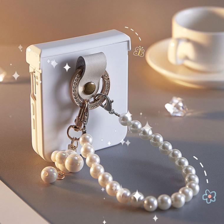 Z플립 SF슬림 화이트 진주 스트랩 풀커버 강화유리 케이스