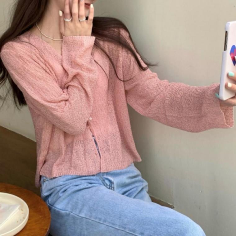 브이넥 여름 가디건 비침 루즈핏 단추 니트 3컬러 아우터