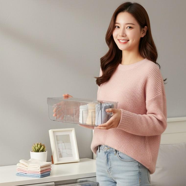 속옷 팬티 양말 정리함 보관 수납 인테리어 틈새 무타공 칸칸이 칸막이 다용도 멀티 투명 6칸 소품 용품